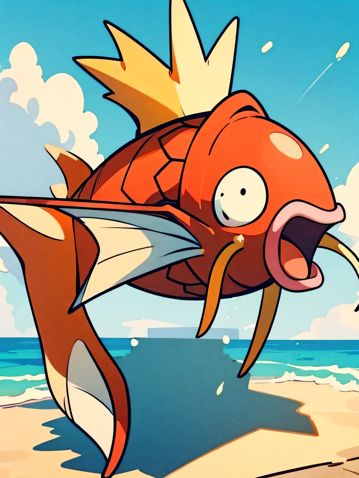 Magikarp Mascot headgear,Magikarp Mascot costume,solo,young man,brown color short male's hair,male eyes, male nose, male mouth, tsurime, big forehead, grin, seaside, summer blue sky,