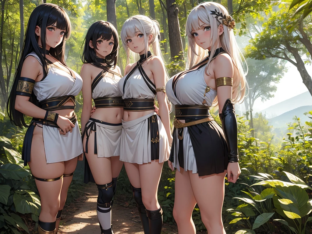 young greek warriors girls in togas , only girls , forest in the background ,four girls, sandals , close to the viewer,, sexy , multiple girls ,exposed belly, curves , black hair , blonde hair , red hair , white hair , light armor , knee pads, elbow pads,