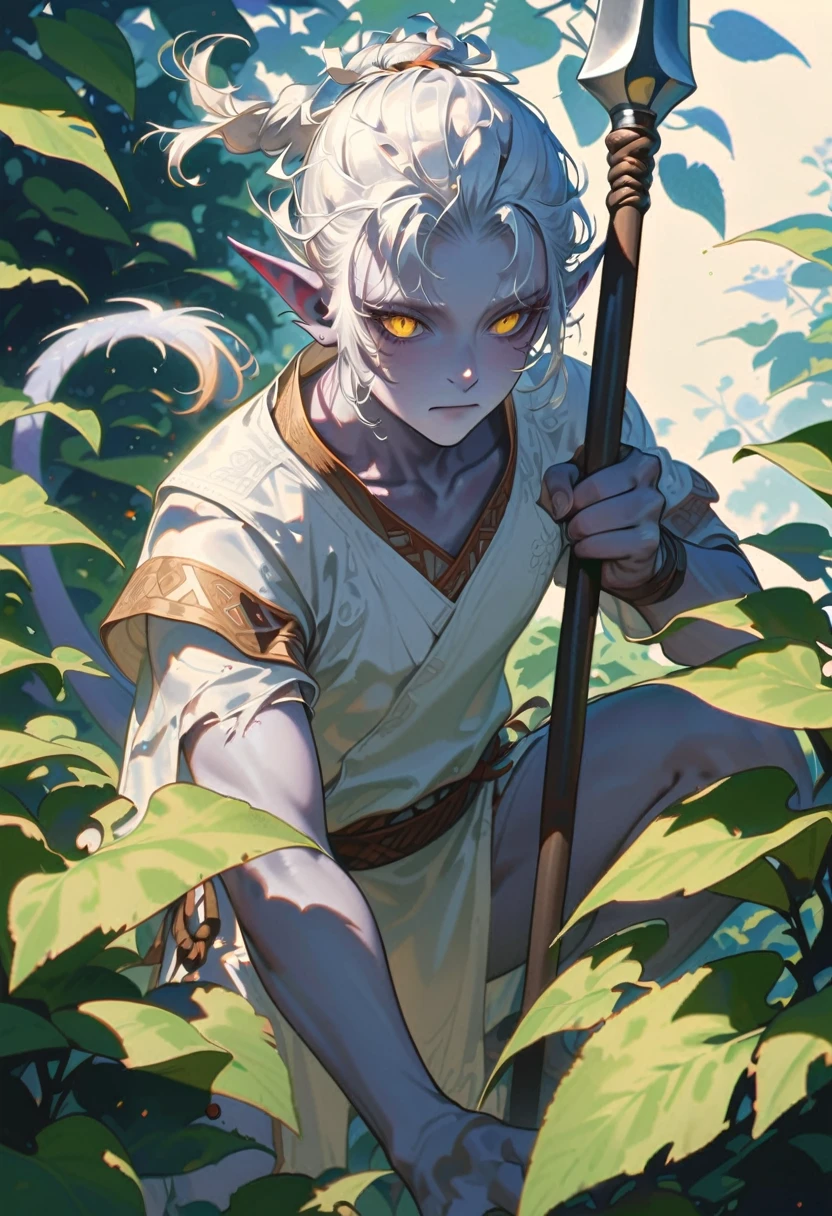 style 9, a man with gray skin, black eyes with yellow pupil, pointed ears, white hair tied in a messy ponytail, pointed tail, wearing a loincloth, crouched among some bushes holding a spear