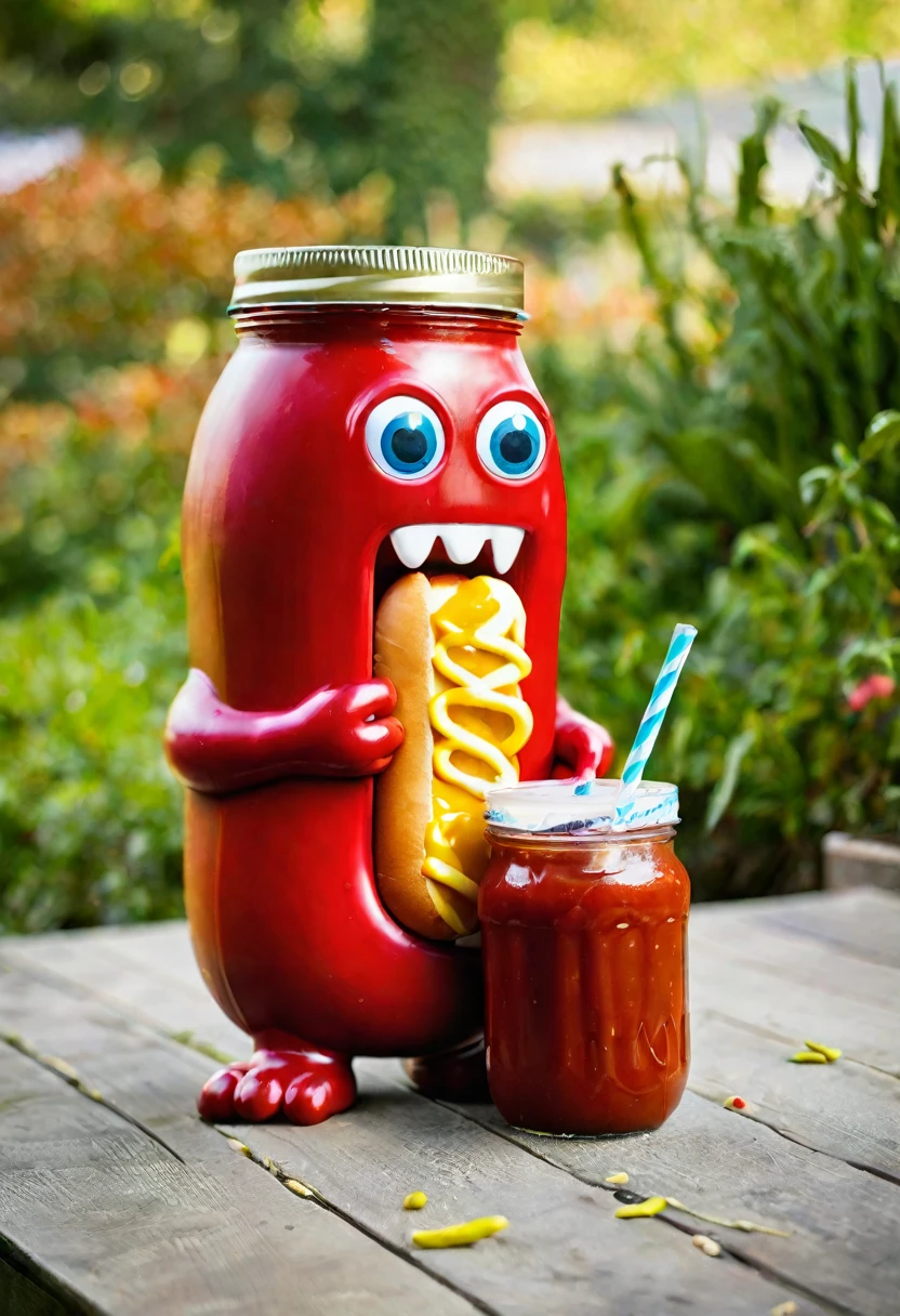 A shaped monster in the shape of a ketchup jar, holding a hot dog, this monster has a scary appearance.
