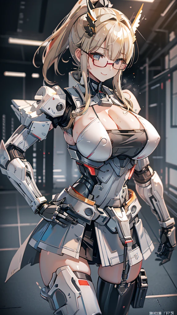 Gray translucent armor,Arm mecha,blonde short hair,Long ponytail hairstyle,Large Breasts,Cleavage,Pistol hanging from waist,fighter pilot,fighter hangar,Sexy,Lipstick,miss,Golden Eyes,stockings,Short skirt,Smile,red glasses