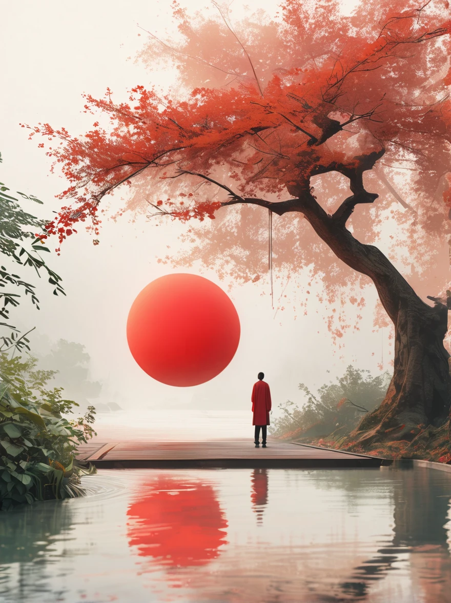 Minimalist composition red sun with black man sitting on it mirror reflection of tree and water surface, surrealism, clean background, in the style of cinema4d rendering, high resolution photography, dream scene, minimalist sculpture art installation