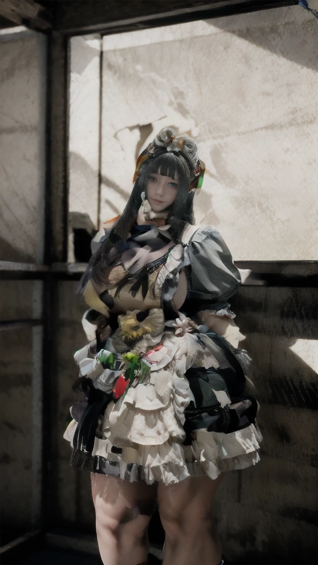 best quality, quality, masterpiece, photorealistic, 1girl, solo, standing, long black hair, straight hair, blunt bangs, looking at viewer, smile, cowboy shot, cyb dress, bow, apron, frills, puffy short sleeves, hair ornament,v,simple background,