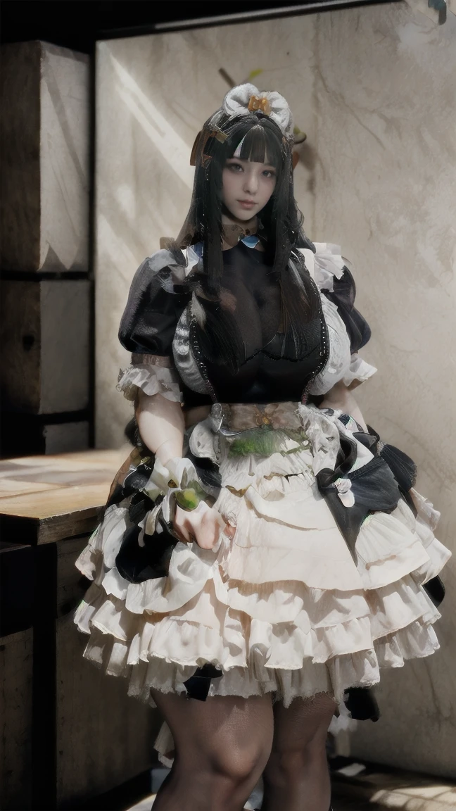 best quality, quality, masterpiece, photorealistic, 1girl, solo, standing, long black hair, straight hair, blunt bangs, looking at viewer, smile, cowboy shot, cyb dress, bow, apron, frills, puffy short sleeves, hair ornament,v,simple background, 