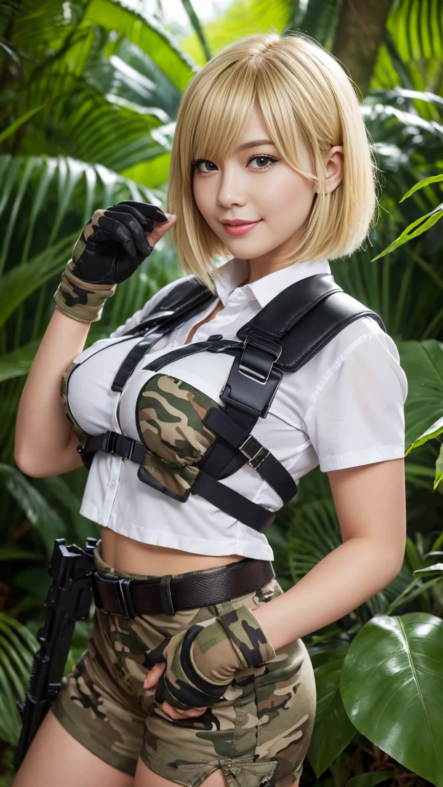 Highest quality, masterpiece, 超High resolution, (Realistic:1.4), Beautiful woman, ((Big Breasts)), (((Short Bob))), (((Blonde))), Beautiful Skin, Fine skin, 魅惑的なsmile, Background blur, smile, Hair over the ears, beautiful girl, Fair skin, Voluptuous, Plump body, (Camouflage cropped shirt), (Camouflage shorts), (Shoulder Holster), Have a machine gun, (Black fingerless gloves), (belt), (masterpiece) (Highest quality) (detailed) (8K) (High resolution) (wallpaper) (Sharp focus) (Complex), (Jungle Background)