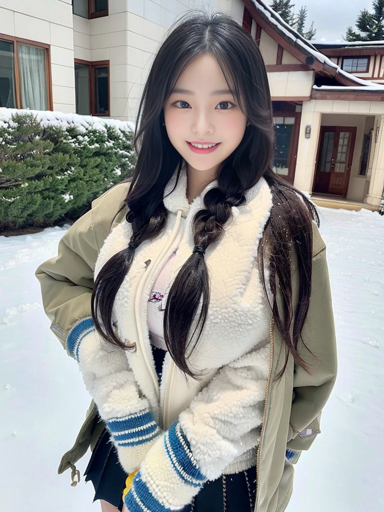 (A photo of a super cute Korean schoolgirl wearing a down jacket:1.2)(grin,smile:1.1)(Beautiful Sweat:1.1)(16K, RAW Photos, Highest quality, masterpiece: 1.2),(A cute braid of shiny black hair) Super detailed, Super Resolution, (Genuine, Genuine photos: 1.37), Portraiture, High-resolution RAW color photos, Professional photos, Very detailed, 8k wallpaper, Very detailed CG Unity 8k wallpaper, Very detailed beautiful girls, Very detailed faces, ((whole body)), beautiful woman, Huge breasts,(huge boobs:1.1) (Big Boobs:1.1), beautiful  (Wear a down jacket),high school girl, Korean Girls,(K-POP Female Idols), (Idol-class beauty)(Beautiful high school girl:1.1)(Large icicles in front of a house in heavy snow)()(North Face down jacket over a tight sweatshirt:1.1)Wearing a fluffy scarf and hand-knitted gloves