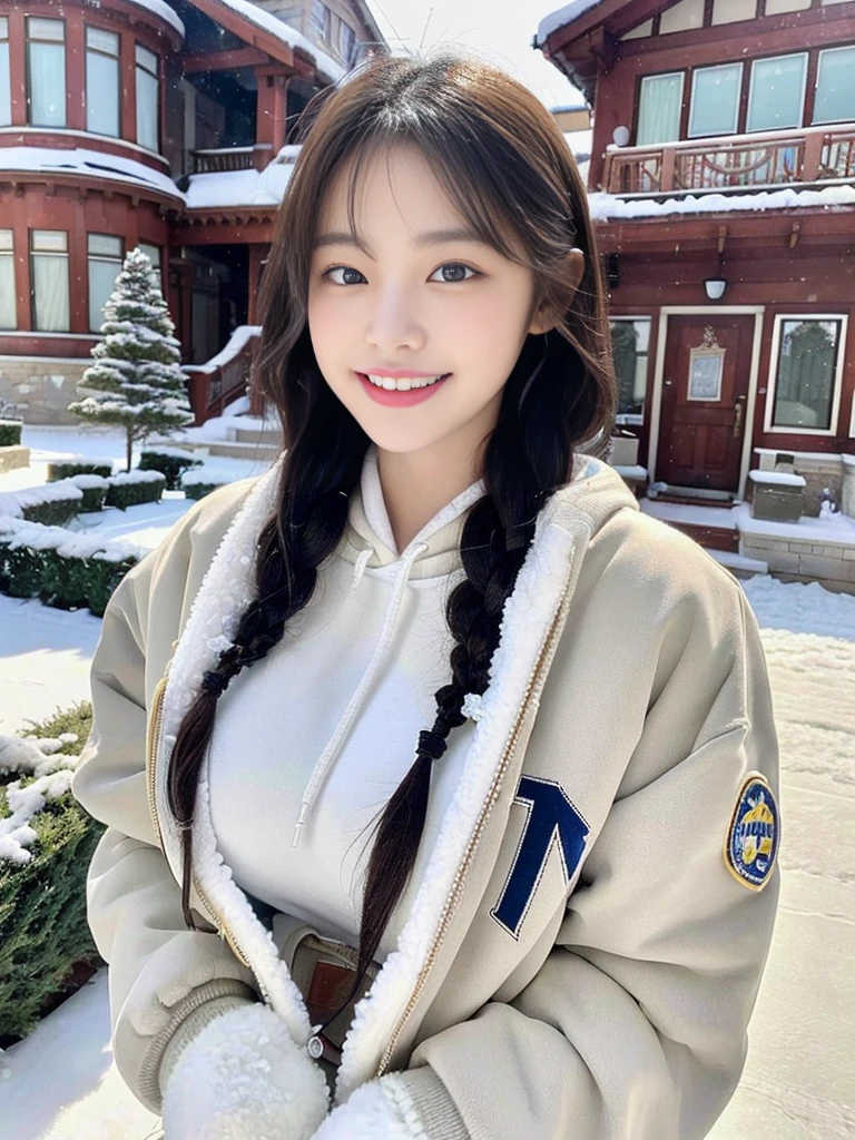 (A photo of a super cute Korean schoolgirl wearing a down jacket:1.2)(grin,smile:1.1)(Beautiful Sweat:1.1)(16K, RAW Photos, Highest quality, masterpiece: 1.2),(A cute braid of shiny black hair) Super detailed, Super Resolution, (Genuine, Genuine photos: 1.37), Portraiture, High-resolution RAW color photos, Professional photos, Very detailed, 8k wallpaper, Very detailed CG Unity 8k wallpaper, Very detailed beautiful girls, Very detailed faces, ((whole body)), beautiful woman, Huge breasts,(huge boobs:1.1) (Big Boobs:1.1), beautiful (Wear a down jacket),high school girl, Korean Girls,(K-POP Female Idols), (Idol-class beauty)(Beautiful high school girl:1.1)(Large icicles in front of a house in heavy snow)()(North Face down jacket over a tight sweatshirt:1.1)Wearing a fluffy scarf and hand-knitted gloves
