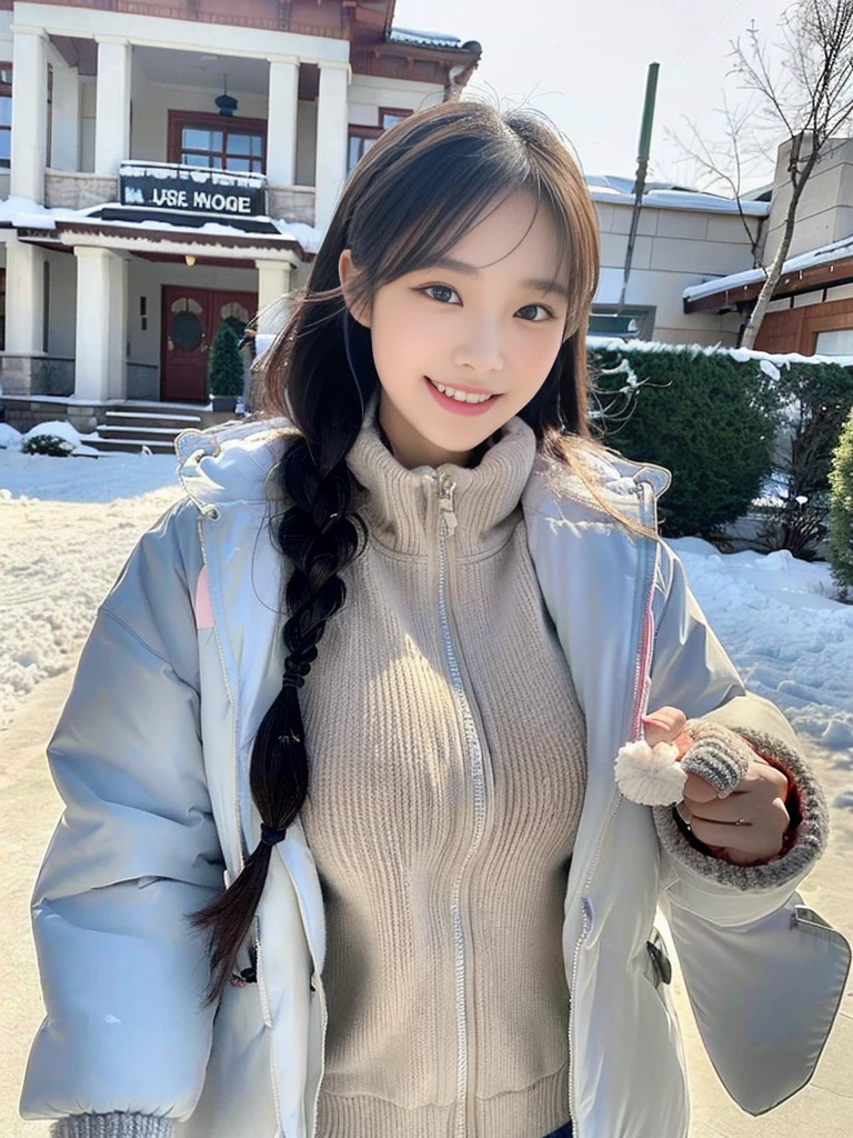 (A photo of a super cute Korean schoolgirl wearing a down jacket:1.2)(grin,smile:1.1)(Beautiful Sweat:1.1)(16K, RAW Photos, Highest quality, masterpiece: 1.2),(A cute braid of shiny black hair) Super detailed, Super Resolution, (Genuine, Genuine photos: 1.37), Portraiture, High-resolution RAW color photos, Professional photos, Very detailed, 8k wallpaper, Very detailed CG Unity 8k wallpaper, Very detailed beautiful girls, Very detailed faces, ((whole body)), beautiful woman, Huge breasts,(huge boobs:1.1) (Big Boobs:1.1), beautiful (Wear a down jacket),high school girl, Korean Girls,(K-POP Female Idols), (Idol-class beauty)(Beautiful high school girl:1.1)(Large icicles in front of a house in heavy snow)()(North Face down jacket over a tight sweatshirt:1.1)Wearing a fluffy scarf and hand-knitted gloves