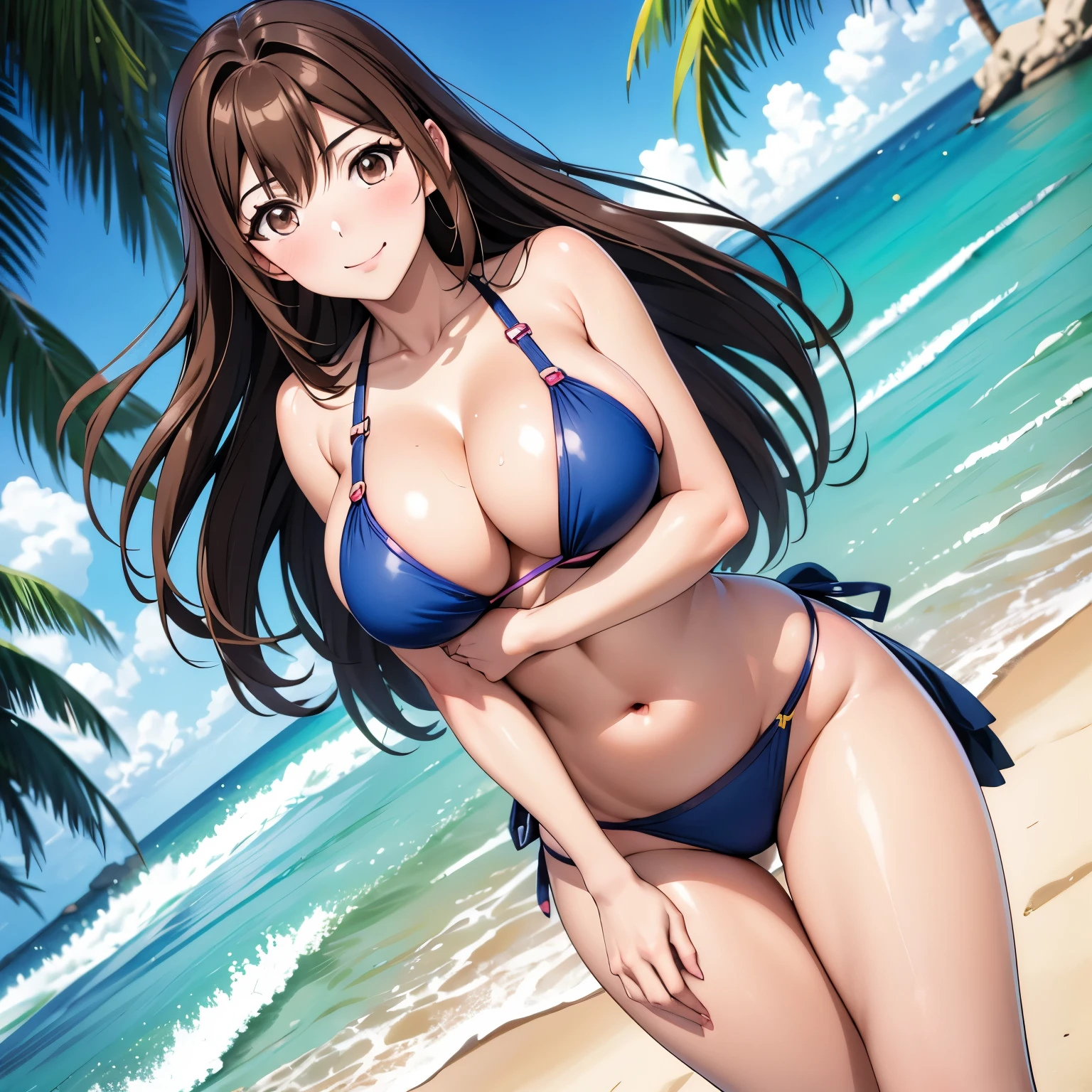 Kizuna Kazayama, 25 year old woman, mature face. Long brown hair, BLUSH, brown eyes,  . happy smile , big smile, WET BODY, huge breasts,  blue bikini,  He is standing in front of the camera on a tropical beach, blush, coquette. drops of water on his chest.