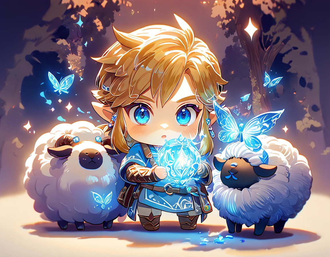 absurdres, highres, ultra detailed, HDR, master piece, best quality, extremely detailed, Link chibi, blonde hair, expressive blue eyes, The Legend Of Zelda Breath Of The Wild, boy hugging a sheep, cute, small, blue tunic, magical, fantasy, magic, blue fire, forest, glittering, blue butterflies, blue petals, blue flowers