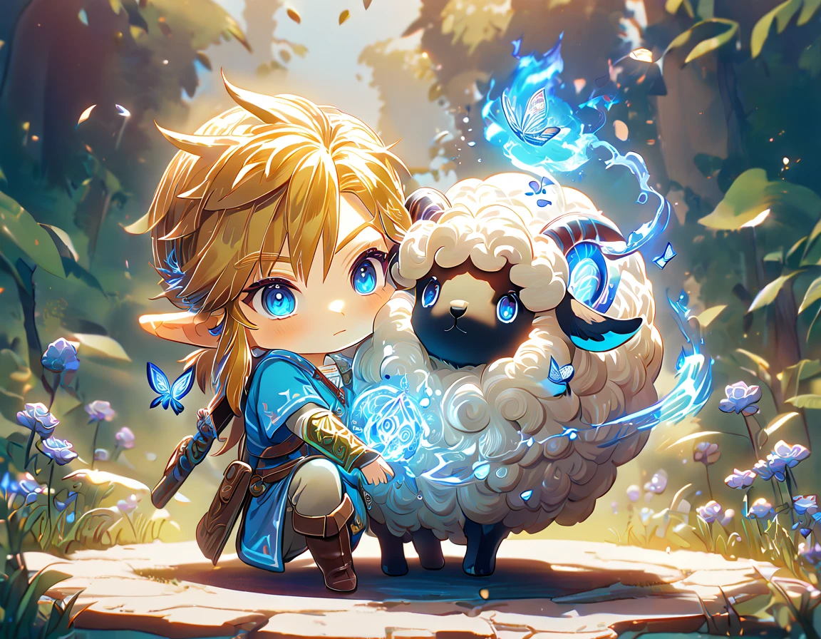 absurdres, highres, ultra detailed, HDR, master piece, best quality, extremely detailed, Link chibi, blonde hair, expressive blue eyes, The Legend Of Zelda Breath Of The Wild, boy hugging a sheep, cute, small, blue tunic, magical, fantasy, magic, blue fire, forest, glittering, blue butterflies, blue petals, blue flowers