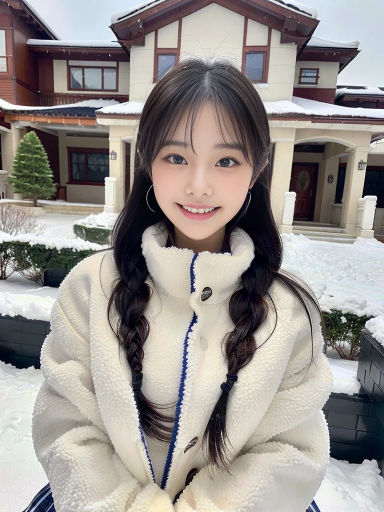 (A photo of a super cute Korean schoolgirl wearing a down jacket:1.2)(grin,smile:1.1)(Beautiful Sweat:1.1)(16K, RAW Photos, Highest quality, masterpiece: 1.2),(A cute braid of shiny black hair) Super detailed, Super Resolution, (Genuine, Genuine photos: 1.37), Portraiture, High-resolution RAW color photos, Professional photos, Very detailed, 8k wallpaper, Very detailed CG Unity 8k wallpaper, Very detailed beautiful girls, Very detailed faces, ((whole body)), beautiful woman, Huge breasts,(huge boobs:1.1) (Big Boobs:1.1), beautiful  (Wear a down jacket),high school girl, Korean Girls,(K-POP Female Idols), (Idol-class beauty)(Beautiful high school girl:1.1)(Large icicles in front of a house in heavy snow)(17 years old)(North Face down jacket over a tight sweatshirt:1.1)Wearing a fluffy scarf and hand-knitted gloves