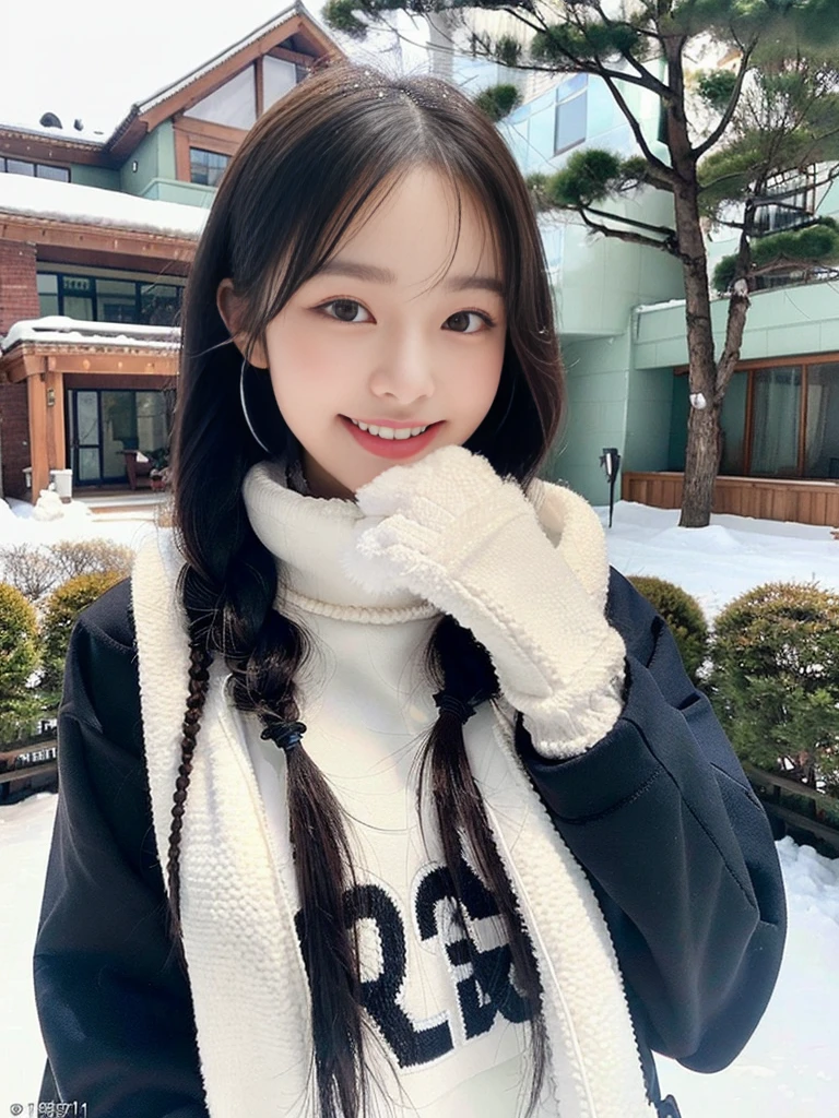 (A photo of a super cute Korean schoolgirl wearing a down jacket:1.2)(grin,smile:1.1)(Beautiful Sweat:1.1)(16K, RAW Photos, Highest quality, masterpiece: 1.2),(A cute braid of shiny black hair) Super detailed, Super Resolution, (Genuine, Genuine photos: 1.37), Portraiture, High-resolution RAW color photos, Professional photos, Very detailed, 8k wallpaper, Very detailed CG Unity 8k wallpaper, Very detailed beautiful girls, Very detailed faces, ((whole body)), beautiful woman, Huge breasts,(huge boobs:1.1) (Big Boobs:1.1), beautiful (Wear a down jacket),high school girl, Korean Girls,(K-POP Female Idols), (Idol-class beauty)(Beautiful high school girl:1.1)(Large icicles in front of a house in heavy snow)()(North Face down jacket over a tight sweatshirt:1.1)Wearing a fluffy scarf and hand-knitted gloves