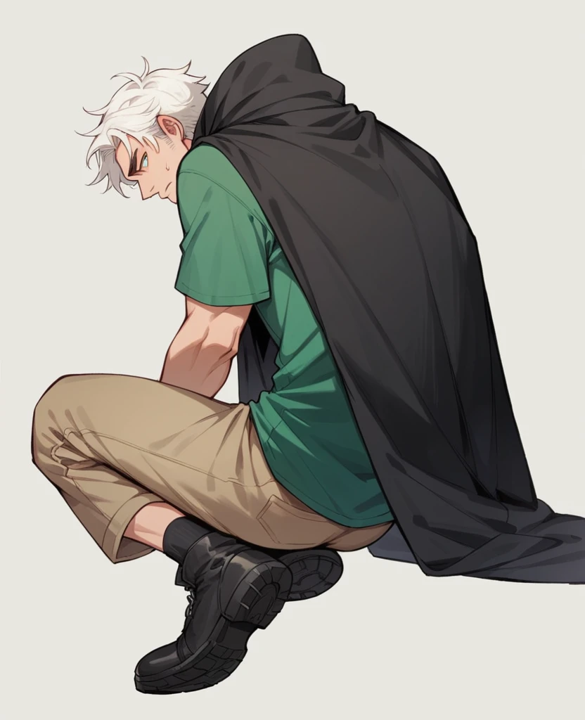 Create a British man from the front with white hair, smooth ass, black on the sides, wearing a green t-shirt, a black cloak, a pair of brown pants, black boots and black ankle socks