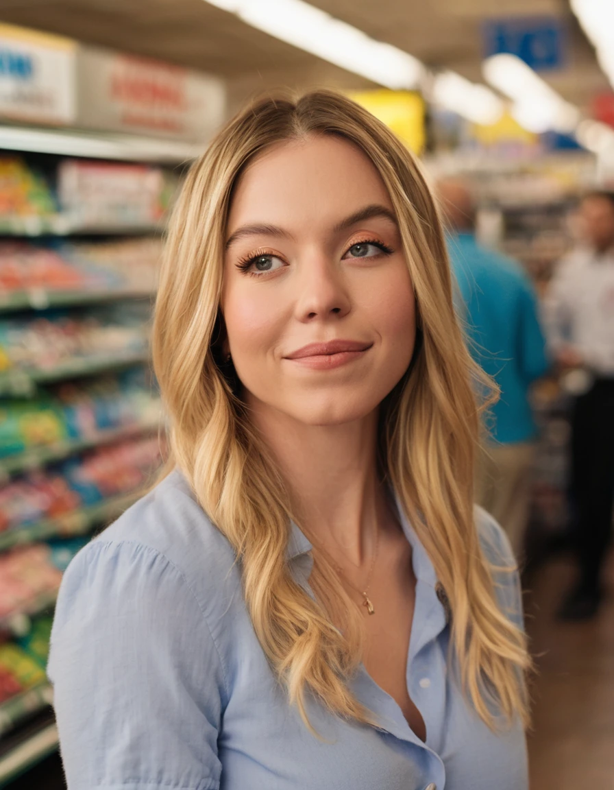 professional close-up portrait photography of the face of a beautiful  ((ohwx woman))  at lottery retailer during Afternoon, Nikon Z9. Wearing a blue business shirt.