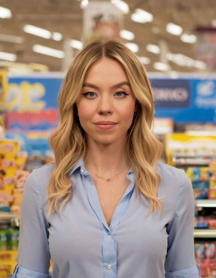 professional close-up portrait photography of the face of a beautiful  ((ohwx woman))  at lottery retailer during Afternoon, Nikon Z9. Wearing a blue business shirt.