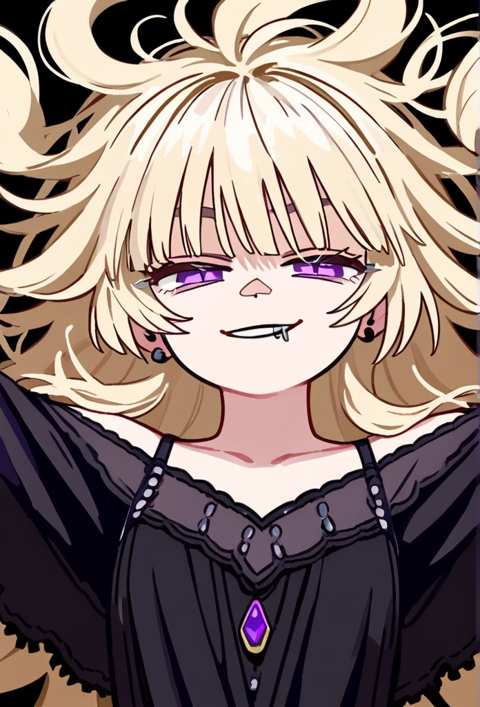 masterpiece, best quality, half body, score_9,half lidded eyes,light blonde hair,one lip piercing,purple eyes,smirk,shoulder length wolfcut hair,long black dress,arms crossy,slightly messy hair