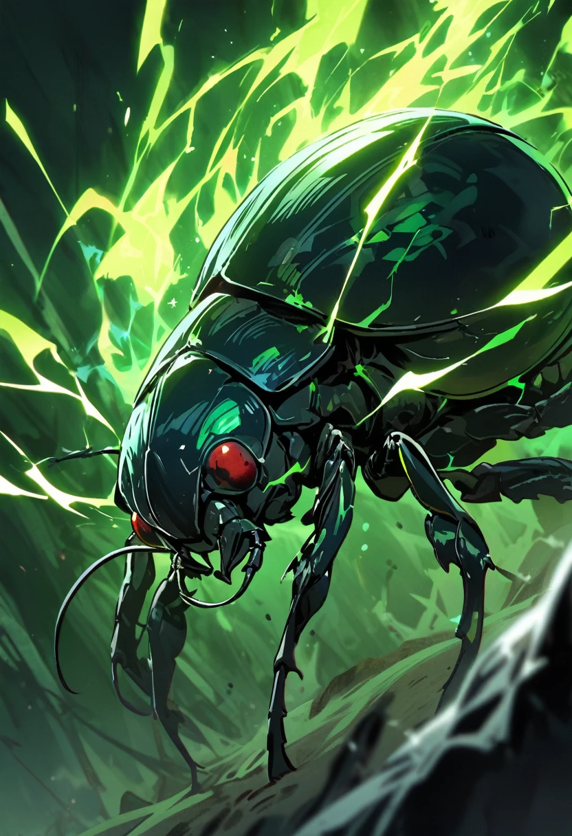 black, beetle, sharp features, green electricity