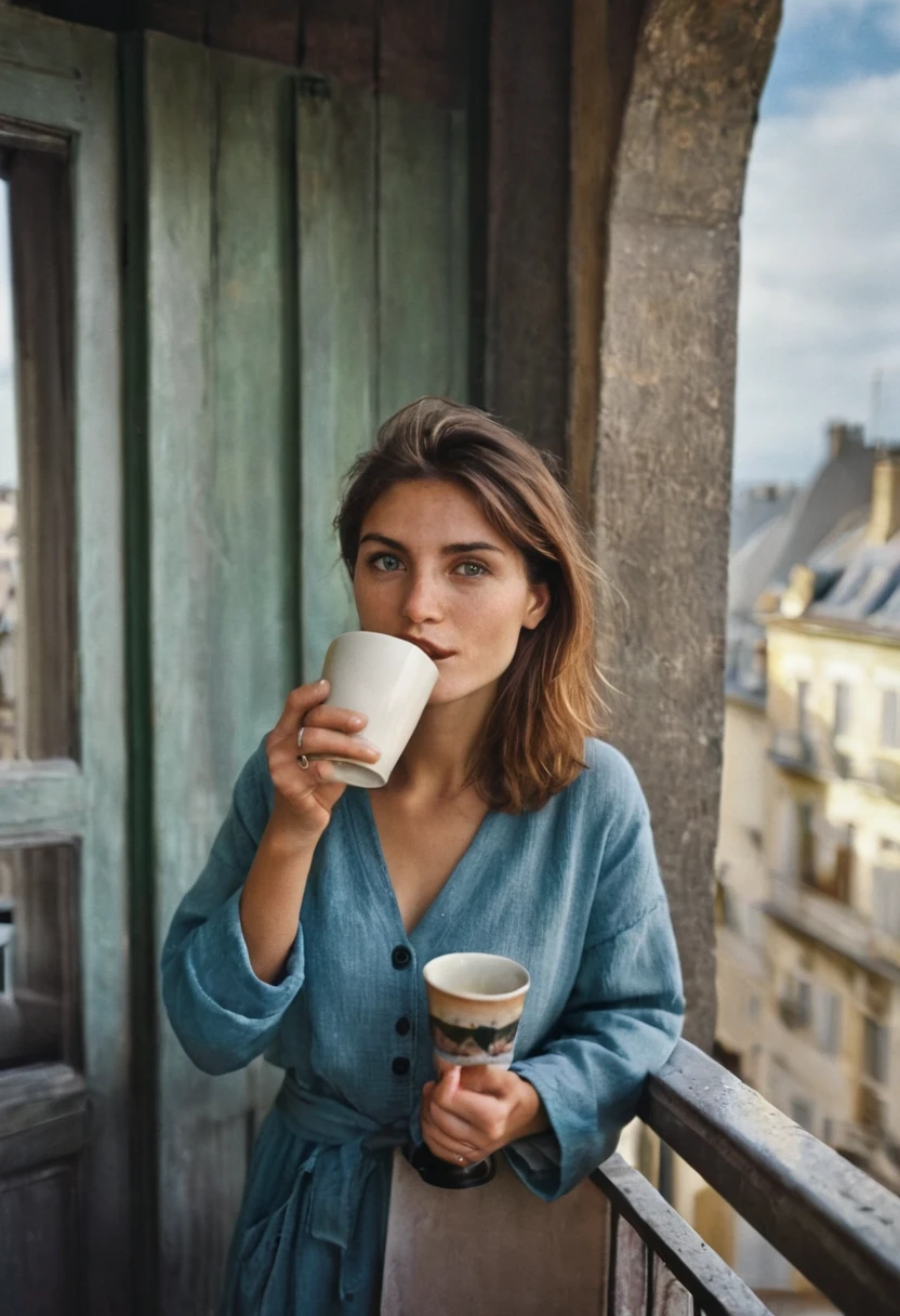 Photography in (stvmccrr style), a french girl drinking coffee, perfect fingers, balcony, analog film, film grain, kodachrome, 8k, hdr, masterpiece, award winning photography