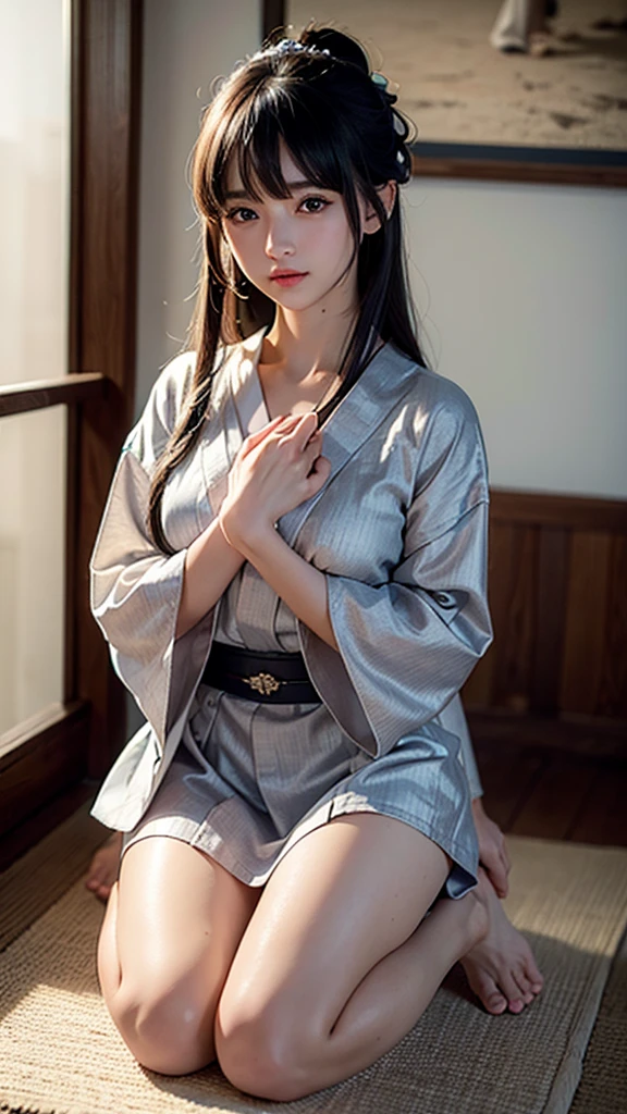 ((best quality, 8K, masterpiece :1.3)), Clear focus:1.2 ， Photorealistic，(light)，Facial detail texture. Eye details. Double eyelids, slim body. Super small breasts, Sexy clavicle， girl, Photo-realistic:1.37，Perfect eyes, ((1 Girl in a gray yukata))，（White belt），(Thick cloth)，((Ripped Linen))，There are pictures，Dark brown hair，Long hair draped loosely，Bangs，Kneeling in the snow，barefoot，Put your hands behind your back，Kneeling，Full body portrait，Short sleeve，Short skirt，Show your thighs，Wrinkles，((Solid color background))，Very shy，blush，Get wet