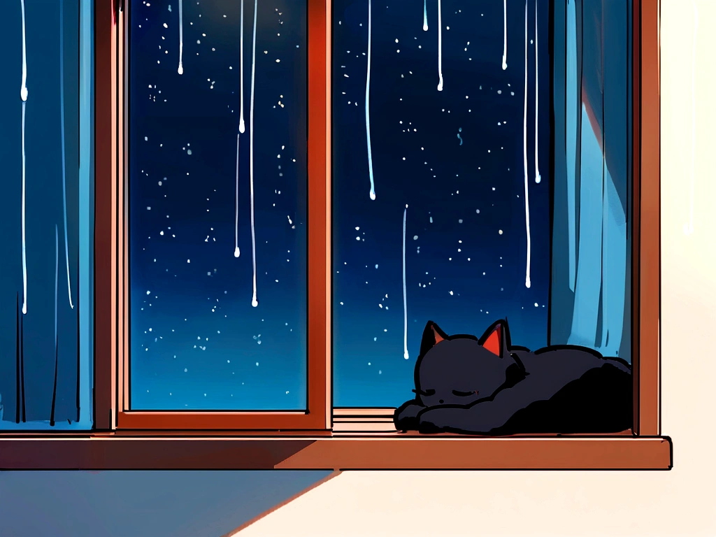 see what&#39;is happening nearby, window, window sill, glass, This&#39;It's raining outside, water on the glass, blue toned, suru, tenebrosa, natta, Starry sky,Black kitten sleeping