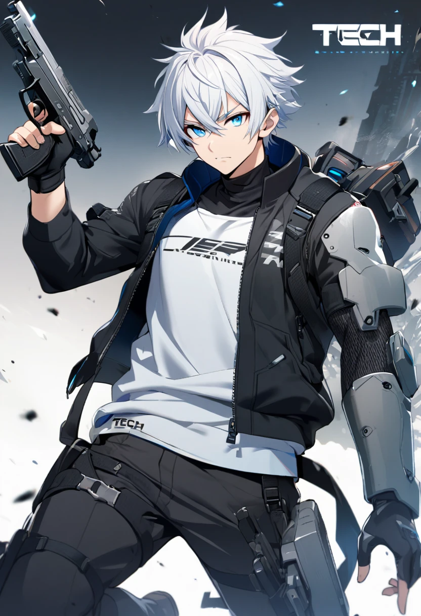 1boy, white hair, 1steel arm, holding pistol, blue eyes, tech wear, open jacket