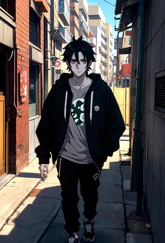 A pale ager with some acne with very long messy black hair and some visible sideburns, dark brown eyes, a serious/slightly ill humored expression, some facial hair starting to grow, wearing a dark grey Zip-Up Hoodie, comfy dark grey pants, and simple grey shoes, with a dark green t-shirt underneath his hoodie, in anime style, walking a standard anime style street in a shadowed area of the sidewalk in broad daylight, in anime style, examples include 2d Anime styles, make very dramatic and detailed.