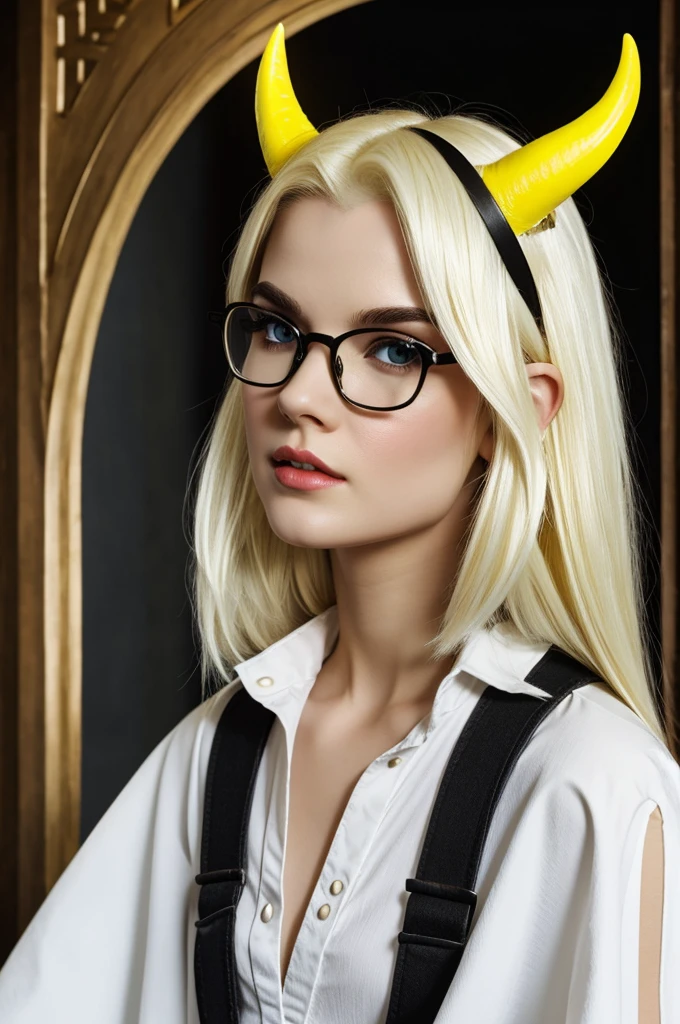 Male character snow white skin black glasses medium long blonde hair white and yellow horns,book in the head