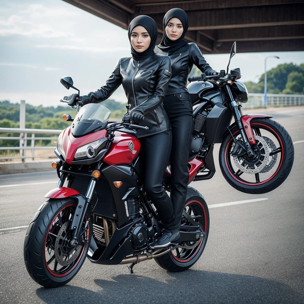 A stunning photo showcasing a young, beautiful Sundanese woman sitting on a sleek black Kawasaki sport motorcycle. The motorcycle features vibrant red wheels and is parked on what appears to be a bridge or overpass with a safety railing. The woman wear trendy modest Muslim attire and black shoes, exuding confidence and elegance. The photo is captured with perfect detail and clarity, highlighting the beauty of the woman and the motorcycle in their environment., photo