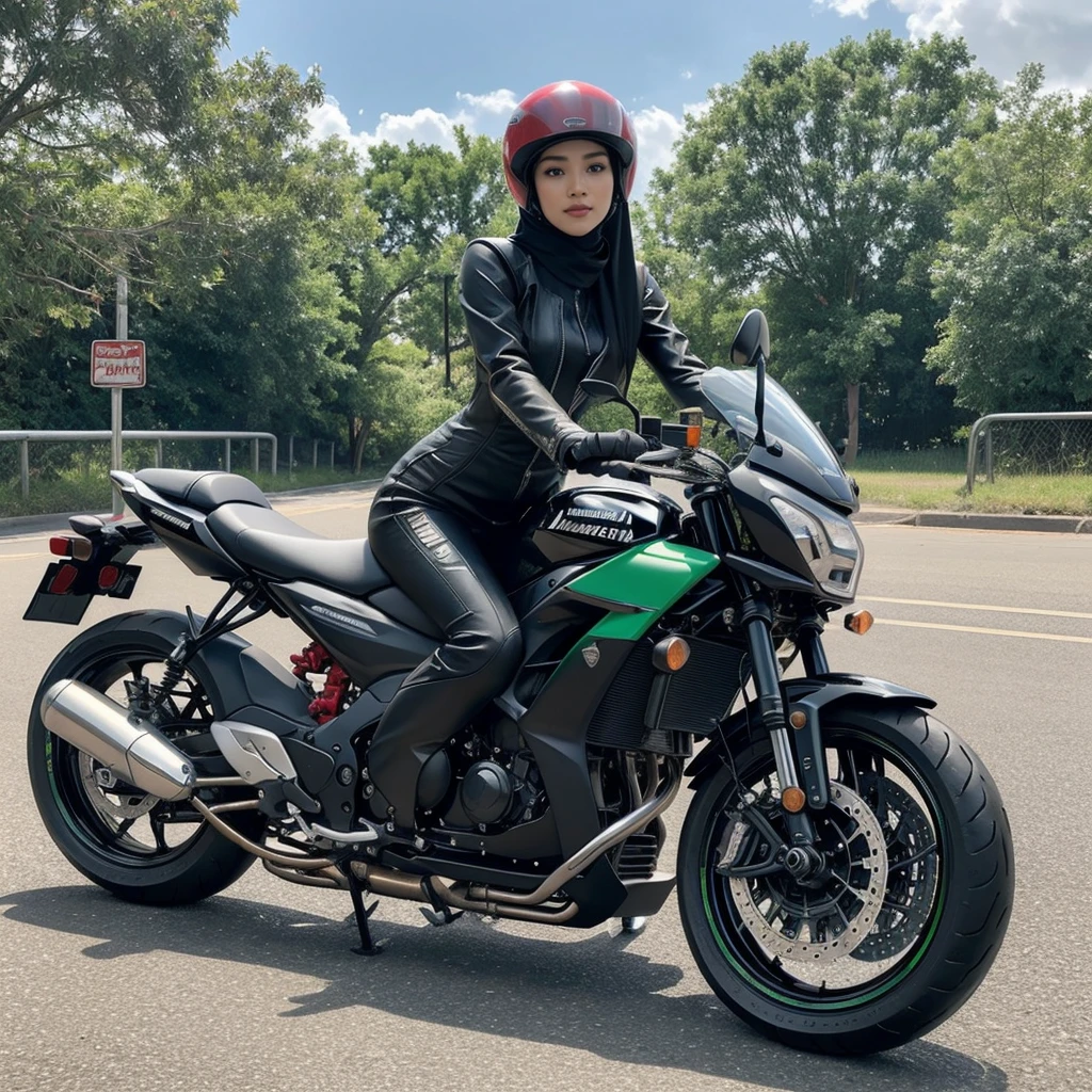A stunning photo showcasing a young, beautiful Sundanese woman sitting on a sleek black Kawasaki sport motorcycle. The motorcycle features vibrant red wheels and is parked on what appears to be a bridge or overpass with a safety railing. The woman wear trendy modest Muslim attire and black shoes, exuding confidence and elegance. The photo is captured with perfect detail and clarity, highlighting the beauty of the woman and the motorcycle in their environment., photo