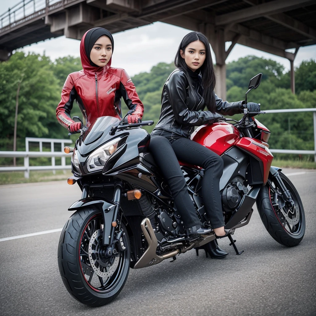 A stunning photo showcasing a young, beautiful Sundanese woman sitting on a sleek black Kawasaki sport motorcycle. The motorcycle features vibrant red wheels and is parked on what appears to be a bridge or overpass with a safety railing. The woman wear trendy modest Muslim attire and black shoes, exuding confidence and elegance. The photo is captured with perfect detail and clarity, highlighting the beauty of the woman and the motorcycle in their environment., photo