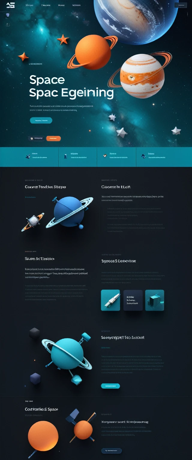 A futuristic and sleek website interface for space education courses. Dark background resembling deep space, with subtle twinkling stars. Dominant colors are deep blue, black, and accents of bright teal and warm orange. The main area features a 3D interactive model of space station that appears to float above the page. surrounding this are minimalist card layouts for different course categories, each with a small icon representing topics like Astronomy, Astrophysics, and Space Engineering. The top of the page has a slim header with a telescope-shaped search bar. Crisp, modern typography in white contrasts against the dark background. A sidebar shows glimpses of course content with high-quality space imagery.