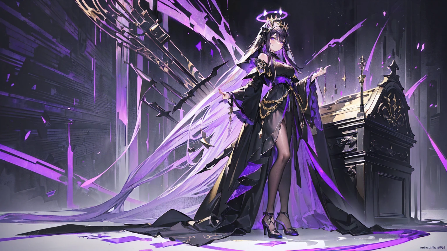 (Super detailed)),((illustration))，((masterpiece)),(((need))),((fine、Highest quality CG Unity 8K wallpapers，masterpiece），（（4K，masterpiece，best quality）），Black hair queen，Sexy，Lilac eyes，Standing upright in a coffin，Mature，Hair Bunch，Hair tied on both sides，Black and gold gauze robe，Black and purple French vintage clothing，Gorgeous pure black cape，Black veil，Purple-white halo，Black and purple high heels，Wearing a crown on the head，Holding a knight&#39;s sword，pyramid，Emitting dim purple light，under deep sea，under deep sea的废墟，under deep sea排满棺材，Mysterious symbols