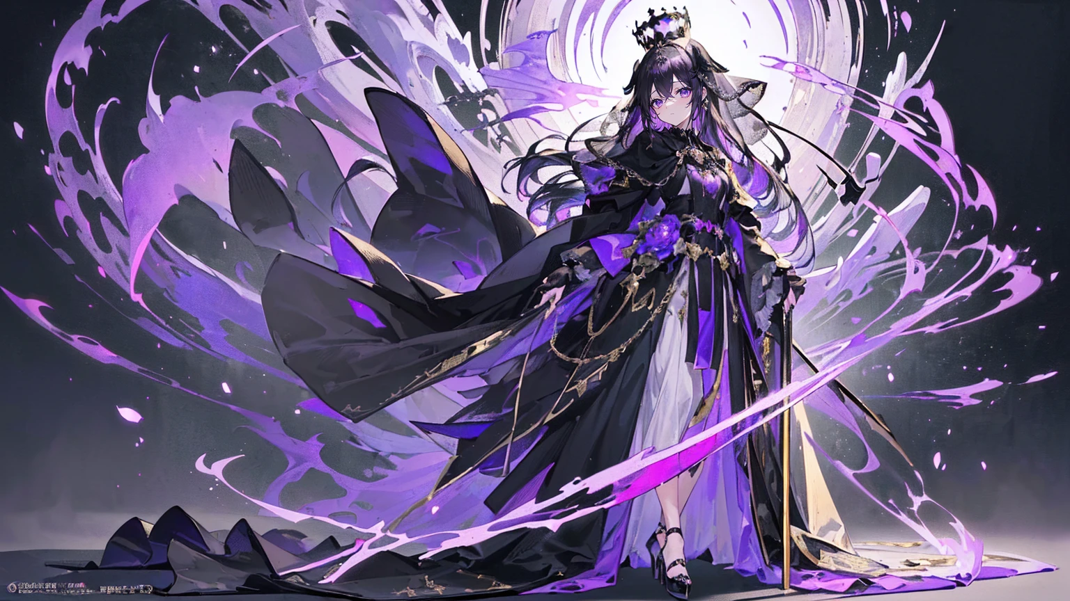 (Super detailed)),((illustration))，((masterpiece)),(((need))),((fine、Highest quality CG Unity 8K wallpapers，masterpiece），（（4K，masterpiece，best quality）），Black hair queen，Sexy，Lilac eyes，Standing upright in a coffin，Mature，Hair tied on both sides，Black and gold gauze robe，Black and purple French vintage clothing，Gorgeous pure black cape，Black veil，Purple-white halo，Black and purple high heels，Wearing a crown on the head，Holding a knight&#39;s sword，pyramid，Emitting dim purple light，under deep sea，under deep sea的废墟，under deep sea排满棺材，Mysterious symbols