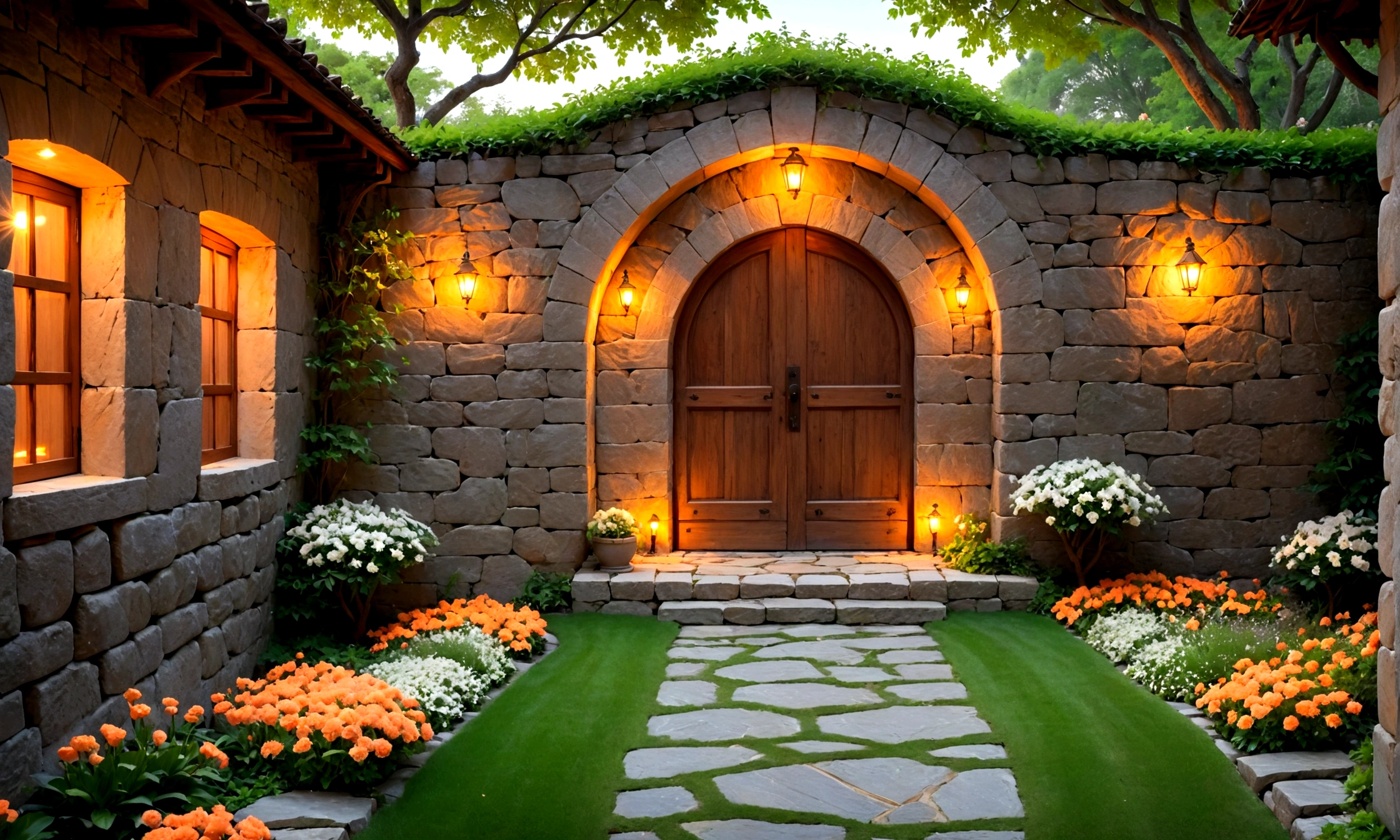 a stone wall, a refined wooden door, a stone path, garden, flowers, mystic, light orange lights, details. better quality. hd