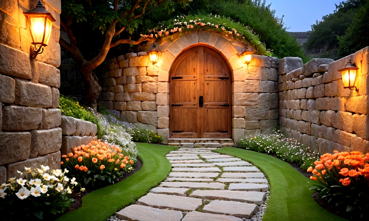 a stone wall, a refined wooden door, a stone path, garden, flowers, mystic, light orange lights, details. ter quality. hd