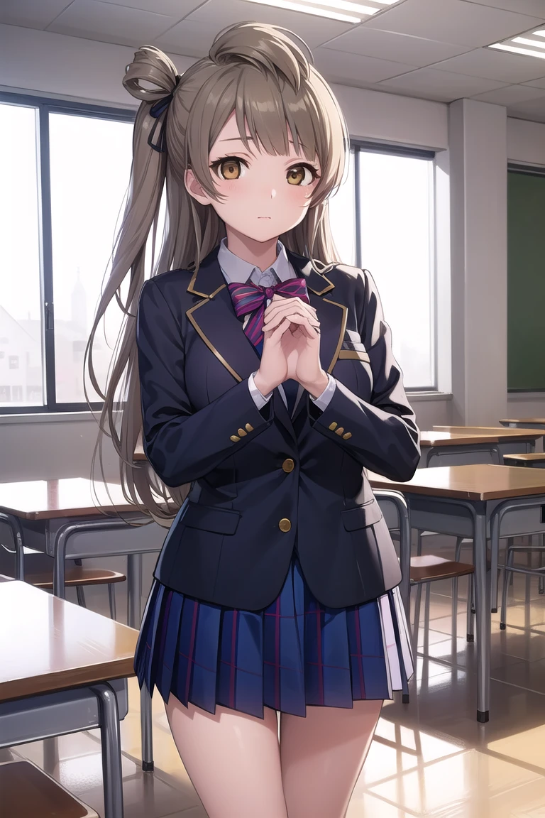 Bird Minami, Minami Kotori, Brown Hair, (Brown eyes:1.5), One side up, hair ribbon, ribbon, Long Hair,
break blazer, Blue Skirt, Jacket, Otonokizaka Academy uniform, Pleated skirt, , Winter clothes,
break looking at viewer,
break indoors, classroom, 
break (masterpiece:1.2), Highest quality, High resolution, unity 8k wallpaper, (figure:0.8), (Beautiful attention to detail:1.6), Highly detailed face, Perfect lighting, Highly detailed CG, (Perfect hands, Perfect Anatomy),