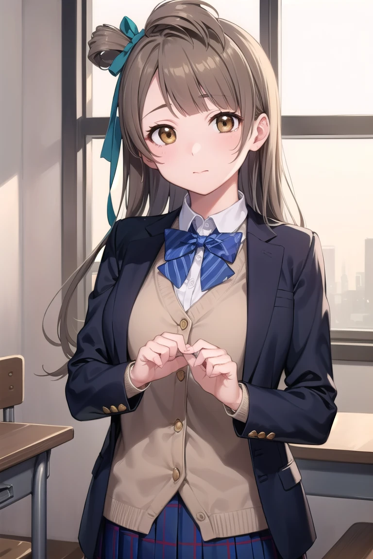 Bird Minami, Minami Kotori, Brown Hair, (Brown eyes:1.5), One side up, hair ribbon, ribbon, Long Hair,
break blazer, Blue Skirt, Jacket, Otonokizaka Academy uniform, Pleated skirt, , Winter clothes,
break looking at viewer,
break indoors, classroom, 
break (masterpiece:1.2), Highest quality, High resolution, unity 8k wallpaper, (figure:0.8), (Beautiful attention to detail:1.6), Highly detailed face, Perfect lighting, Highly detailed CG, (Perfect hands, Perfect Anatomy),