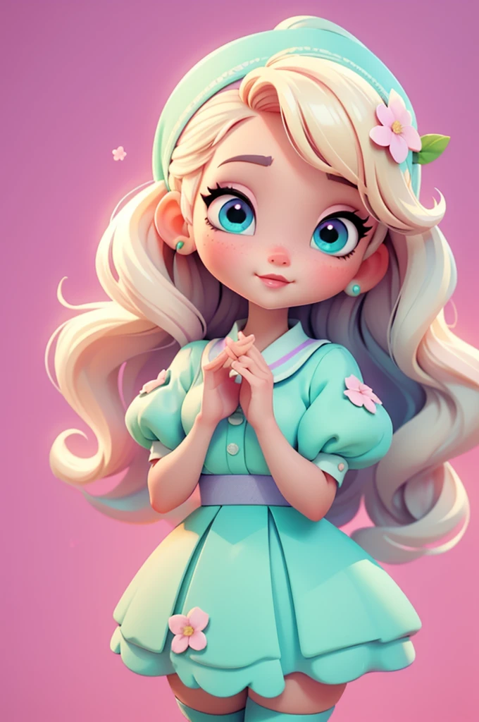 imagem de alta qualidade de uma boneca chibi Ariana Grande: boneca chibi ,illustration,detalhes delicados,Pose encantadora,lovely expression,cores suaves,roupa bonita,cabelos intrincados,beautiful eyes and lips,melhor qualidade,ultra-detalhado,fotorrealista,vivid colors, solid background, profesional lighting, girly accessories, espressiva, headband flowers, blue eyes, ombre hair, long hair, basket of flowers in hands, lovely pose, black eyes, wearing a fairy outfit pastel colors glitter, mint green, pink, and soft purple, exuberant, perfect, centered in the photo with a white background, nitid, fairy vibes, standing, pink flat shoes, vibrant, white background, blonde hair, blonde hair, hair blonde
