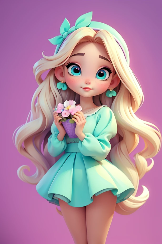 imagem de alta qualidade de uma boneca chibi Ariana Grande: boneca chibi ,illustration,detalhes delicados,Pose encantadora,lovely expression,cores suaves,roupa bonita,cabelos intrincados,beautiful eyes and lips,melhor qualidade,ultra-detalhado,fotorrealista,vivid colors, solid background, profesional lighting, girly accessories, espressiva, headband flowers, blue eyes, ombre hair, long hair, basket of flowers in hands, lovely pose, black eyes, wearing a fairy outfit pastel colors glitter, mint green, pink, and soft purple, exuberant, perfect, centered in the photo with a white background, nitid, fairy vibes, standing, pink flat shoes, vibrant, white background, blonde hair, blonde hair, hair blonde
