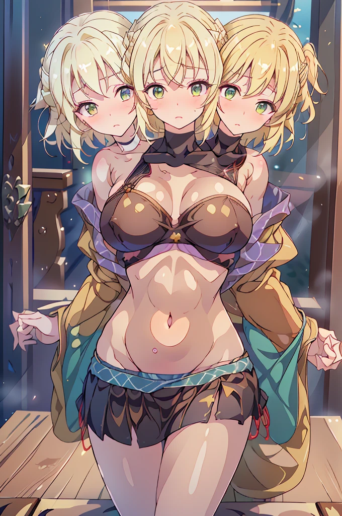 (masterpiece, best quality),best quality, (ultra-detailed), (3heads:1.5), 1girl, (mizuhashi parsee:1.3), masterpiece, best quality, ultra quality, ultra resolution, ultra detail, white top, crop top, ((stomach)), midriff, ((groin)), brown skirt, normal ears, shackles, blonde hair, very long hair, wavy hair, sidelocks, green eyes, very detailed eyes, parted lips, open belly, sweat, cute, toned belly, hand on own chest, eyelashes, (25 year old woman:1.3), (masterpiece:1.5), (best quality:1.5), (beautiful detailed), extremely detailed CG, extremely delicate and beautiful, depth of field, (finely detailed face), (perfect details:1.1), (mature female:1.3), wide pelvis, slender, large veiny breast, 16k resolution, highres, high quality, high definition, extremely detailed, masterpiece, best quality, blonde hair, long hair, alluring presence, braid, short skirt, close up, very big tits, huge tits, young, japanese clothes, medium hair, ((blonde)),