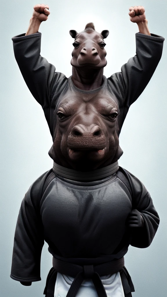 arm up, black belt ,hippopotamus, 