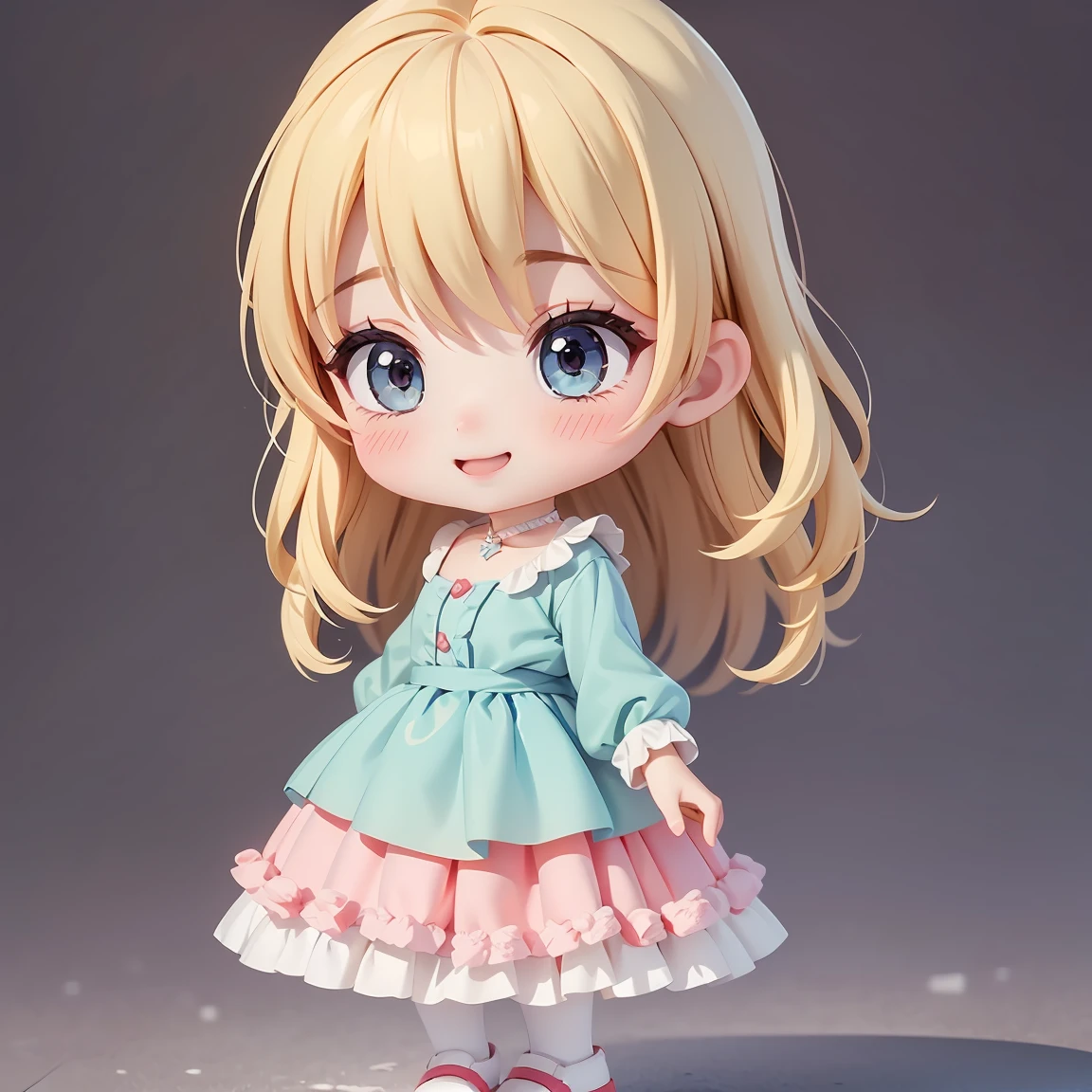 Super Chibi Character:1.8、Wearing cute shoes、background:simple、Blonde Hair、Cute old girl、Cinderella Dresses、smile:1.8、Right hand raised high
