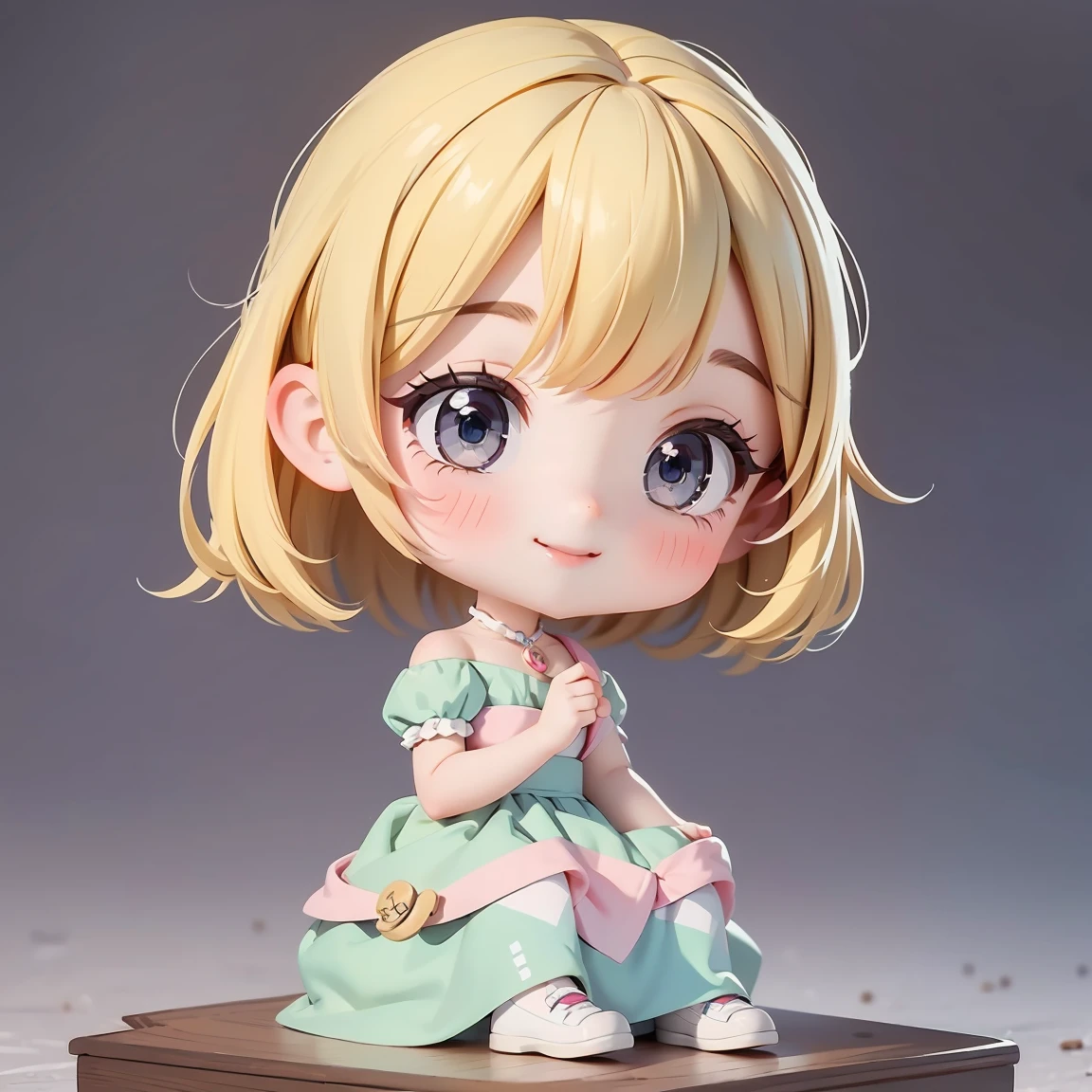 Super Chibi Character:1.8、Wearing cute shoes、background:simple、Blonde Hair、Cute 7 year old girl、Cinderella Dresses、smile:1.8、Right hand raised high