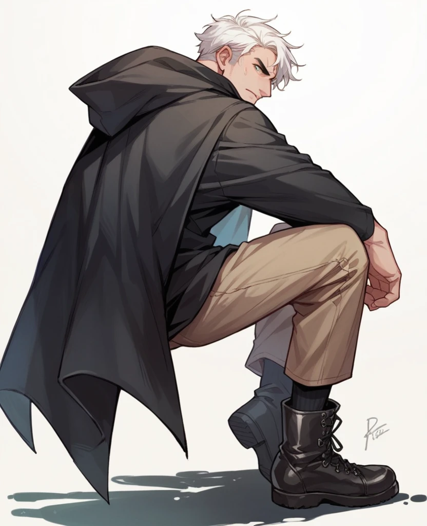 Create a British man from the front,with white hair, smooth ass, wearing a green t-shirt, a black cloak, a pair of brown pants, black boots and black ankle socks