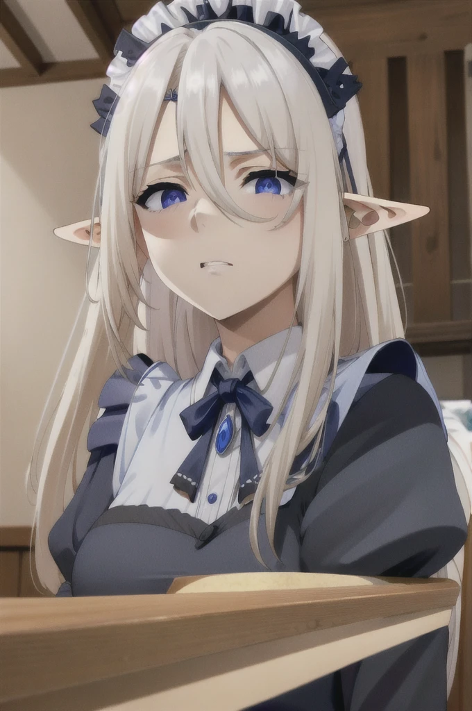 best quality, from below, log angle, intenseglare, disgust, shaded_face, shadow_over_eyes, glaring, looking down at the viewer, long platinum hair,blue eyes, detailed indoor, background,pointy ears,elf,,masterpiece, highres, solo, (maid:1.40), (long maid dress:1.15), anime_style, 14
