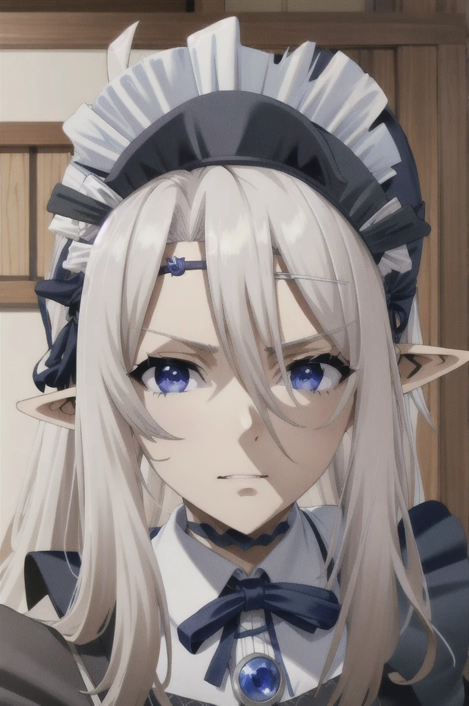 best quality, from below, log angle, intenseglare, disgust, shaded_face, shadow_over_eyes, glaring, looking down at the viewer, long platinum hair,blue eyes, detailed indoor, background,pointy ears,elf,,masterpiece, highres, solo, (maid:1.40), (long maid dress:1.15), anime_style, 14
