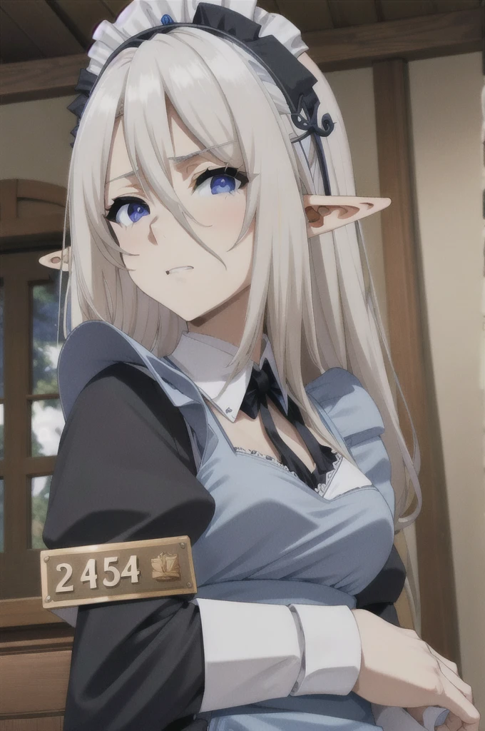 best quality, from below, log angle, intenseglare, disgust, shaded_face, shadow_over_eyes, glaring, looking down at the viewer, long platinum hair,blue eyes, detailed indoor, background,pointy ears,elf,,masterpiece, highres, solo, (maid:1.40), (long maid dress:1.15), anime_style, 14
