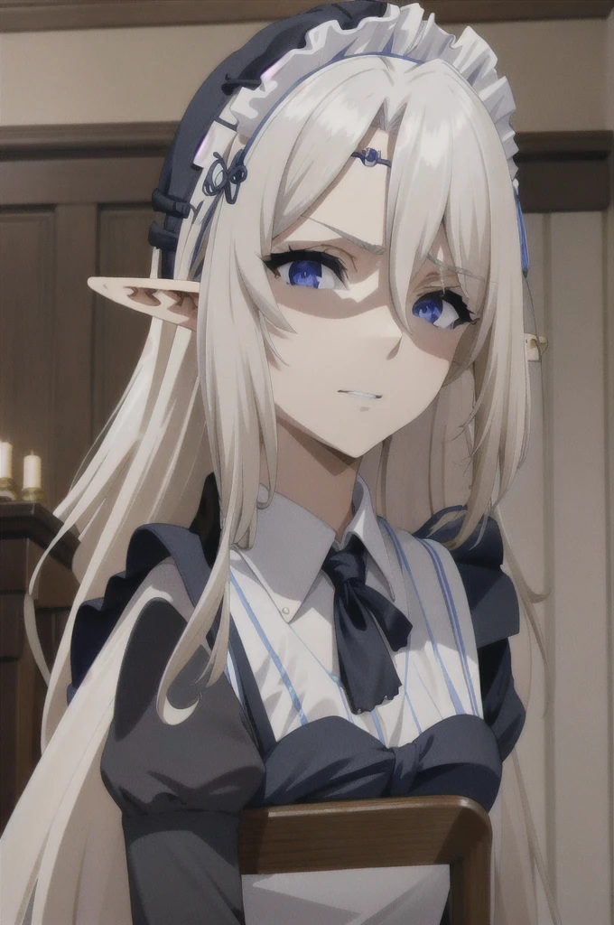 best quality, from below, log angle, intenseglare, disgust, shaded_face, shadow_over_eyes, glaring, looking down at the viewer, long platinum hair,blue eyes, detailed indoor, background,pointy ears,elf,,masterpiece, highres, solo, (maid:1.40), (long maid dress:1.15), anime_style, 14
