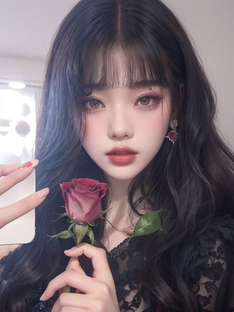 there is a woman holding a rose in her hand and taking a selfie, ulzzang, red rose in hair, aesthetic portrait, cruel korean gothic girl, Portrait of Blackpink&#39;s Jossi, gothic girl aesthetic, jinyoung shin, jennie pink black, with glowing red eyes, her face looks like an orchid, profile picture, Rin tohsaka, 🤤 girl portrait
